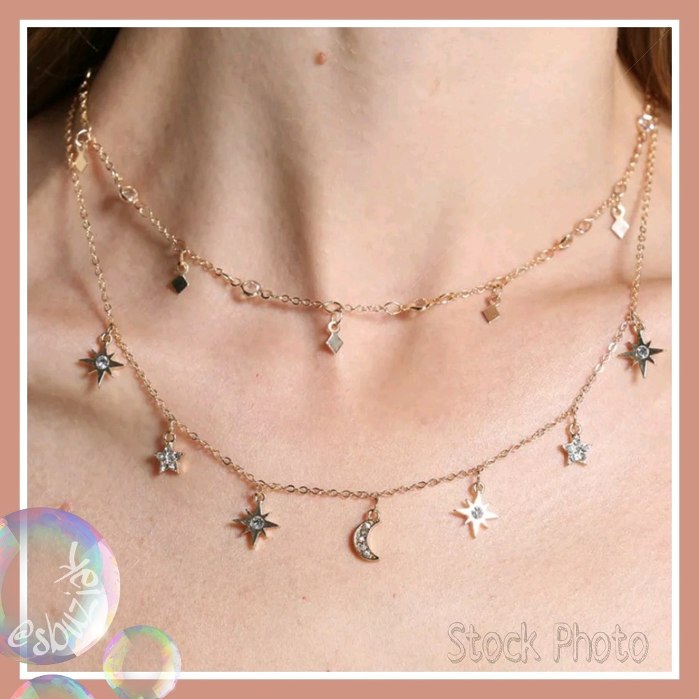 Delicate Sparkling Moon & Stars Layered Necklace